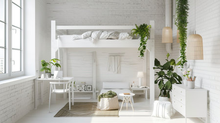 A serene and cozy white bedroom with a loft bed, complete with a workspace underneath, bathed in natural light from a nearby windowの素材