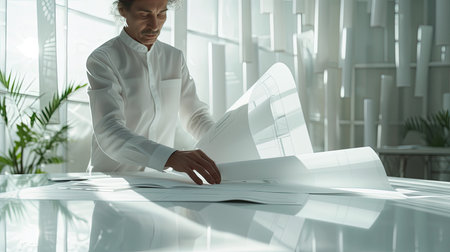 an architect reviews and unrolls blueprints on a sleek table within, modern, office space, with ample copy space for text to showcase the vision and precision of architectural designの素材