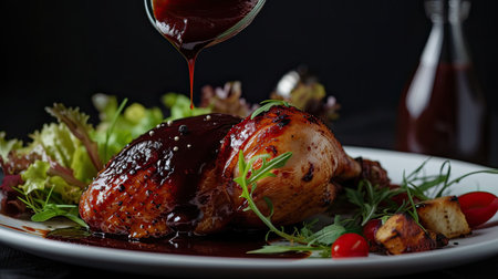 a half-smoked chicken adorned with barbecue sauce, served alongside a fresh salad and flavorful sauce, the succulent texture and appetizing presentation of a delicious mealの素材