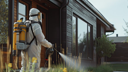 the technician holding a sprayer and emphasizing the application of the product at the base of the building to ensure thorough protection against pestsの素材
