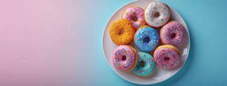 a plate piled high with bright, colorful donuts, arranged in the center against a plain light background, inviting viewers to indulge in their vibrant sweetnessの素材