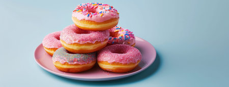 a plate piled high with bright, colorful donuts, arranged in the center against a plain light background, inviting viewers to indulge in their vibrant sweetnessの素材