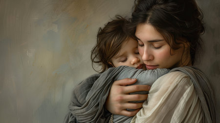 a young mother tenderly embracing her baby, natural lighting, set against a neutral background with ample copy space for personalized messages or textの素材