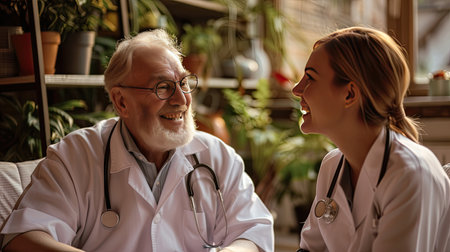 a senior in a white patient uniform and a funny or happy caregiver engaged in a conversation at a nursing home clinic, showing the importance of healthcare support for eldersの素材