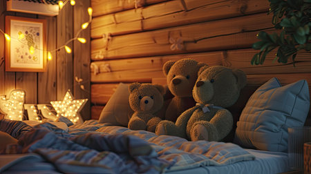 a wooden cabin room filled with teddy bear dolls under warm, soft lightingの素材