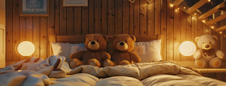 a wooden cabin room filled with teddy bear dolls under warm, soft lightingの素材