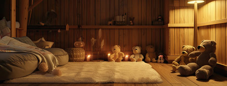 a wooden cabin room filled with teddy bear dolls under warm, soft lightingの素材