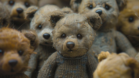 teddy bear doll in a collection, highlighting their unique characteristics and expressio.の素材