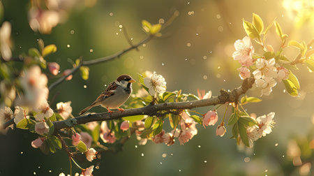 sparrow birds perched amidst blooming flowers on a tree branch, set against the backdrop of a picturesque spring garden, showcasing the harmony between nature and wildlifeの素材