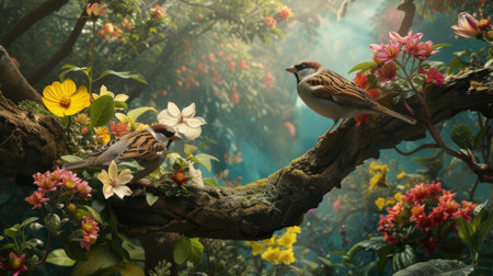 sparrow birds perched amidst blooming flowers on a tree branch, set against the backdrop of a picturesque spring garden, showcasing the harmony between nature and wildlifeの素材