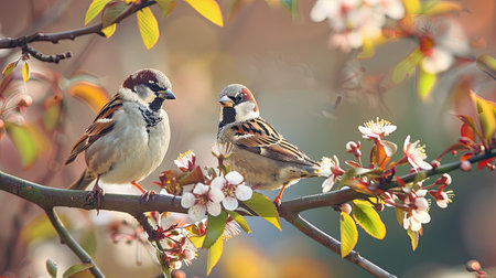 sparrow birds perched amidst blooming flowers on a tree branch, set against the backdrop of a picturesque spring garden, showcasing the harmony between nature and wildlifeの素材