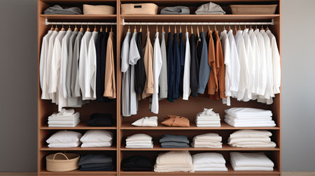 a white T-shirt hanging in a closet, with the focus sharply drawn to the clean lines and simplicity of the garmentの素材