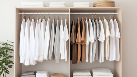 a white T-shirt hanging in a closet, with the focus sharply drawn to the clean lines and simplicity of the garmentの素材