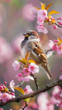 sparrow birds perched amidst blooming flowers on a tree branch, set against the backdrop of a picturesque spring garden, showcasing the harmony between nature and wildlifeの素材