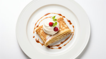 cinnamon crepes filled with Keto whipped cream, elegantly served on a pristine white plate atop a white table, showing the irresistible combination of flavors and texturesの素材