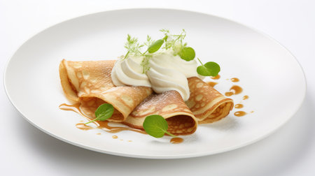 cinnamon crepes filled with Keto whipped cream, elegantly served on a pristine white plate atop a white table, showing the irresistible combination of flavors and texturesの素材