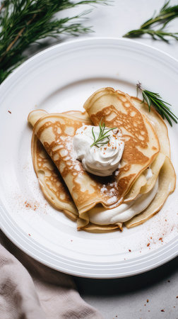 cinnamon crepes filled with Keto whipped cream, elegantly served on a pristine white plate atop a white table, showing the irresistible combination of flavors and texturesの素材