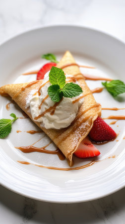 cinnamon crepes filled with Keto whipped cream, elegantly served on a pristine white plate atop a white table, showing the irresistible combination of flavors and texturesの素材