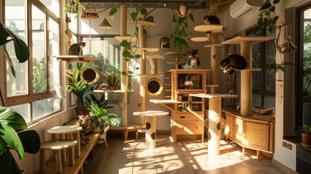 a nice house adorned with multiple cat trees, each occupied by contented felines lounging and playing amidst the comfortable surroundingsの素材