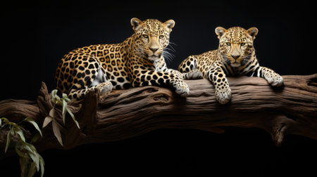 jaguars lounging gracefully on a sturdy tree branch, their sleek bodies blending seamlessly with the lush foliage of the surrounding jungle, exuding power and tranquilityの素材