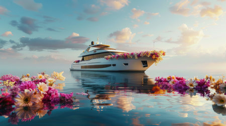 a yacht festivity with the deck adorned in vibrant flowers, set against the backdrop of tranquil waters reflecting the dreamlike sceneの素材