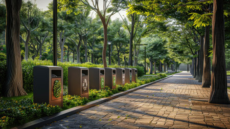 a well-maintained city park with a row of recycling bins, showcasing the city's commitment to eco-friendliness in ultra-high qualityの素材