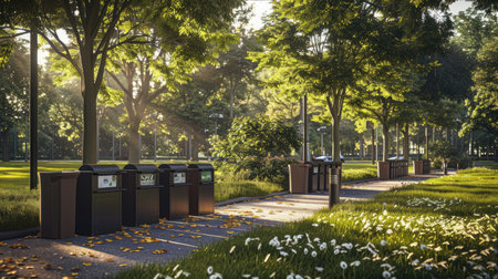 a well-maintained city park with a row of recycling bins, showcasing the city's commitment to eco-friendliness in ultra-high qualityの素材