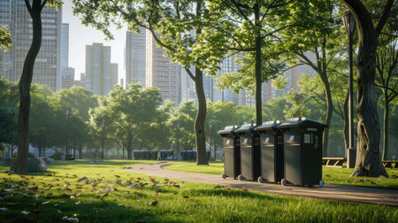 a well-maintained city park with a row of recycling bins, showcasing the city's commitment to eco-friendliness in ultra-high qualityの素材