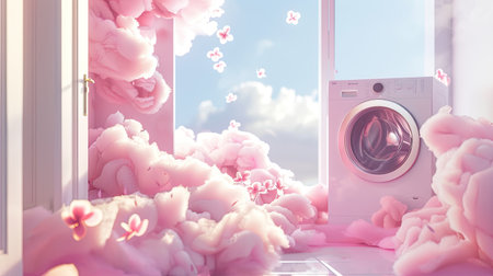 fragrant pink clouds and floral patterns emerging from freshly laundered items, illustrating the unique floral scent of laundry detergent gelの素材