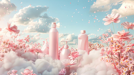 fragrant pink clouds and floral patterns emerging from freshly laundered items, illustrating the unique floral scent of laundry detergent gelの素材