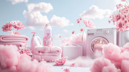 fragrant pink clouds and floral patterns emerging from freshly laundered items, illustrating the unique floral scent of laundry detergent gelの素材