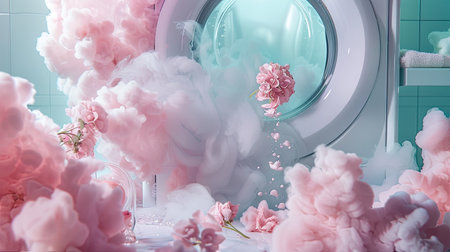fragrant pink clouds and floral patterns emerging from freshly laundered items, illustrating the unique floral scent of laundry detergent gelの素材