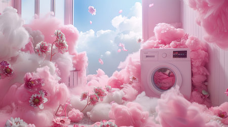 fragrant pink clouds and floral patterns emerging from freshly laundered items, illustrating the unique floral scent of laundry detergent gelの素材
