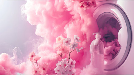 fragrant pink clouds and floral patterns emerging from freshly laundered items, illustrating the unique floral scent of laundry detergent gelの素材
