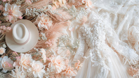 a light-colored costume adorned with flowers as decor, captured from a top-down perspective, offering ample copy space for various design needsの素材