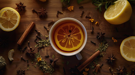 beautiful tea presented from a top view, infused with elements of lemon, cinnamon, cloves, and other spices, evoking warmth and comfortの素材