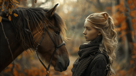a woman with light hair tenderly kissing a horse amidst the enchanting beauty of a forestの素材