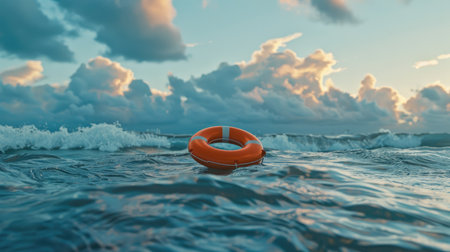 safety and hope amidst the vastness of the open sea with an orange lifebuoy floating serenely, symbolizing protection and optimism under the expansive skyの素材