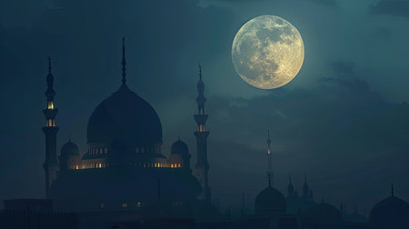 the full moon illuminating the night sky during the holy month of Ramadan, evoking a sense of serenity and spirituality amidst the peaceful darknessの素材