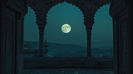 the full moon illuminating the night sky during the holy month of Ramadan, evoking a sense of serenity and spirituality amidst the peaceful darknessの素材