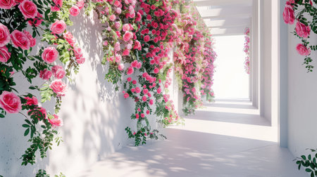 pink roses and tender green leaves flourishing against white walls, evoking feelings of love and tenderness, beautifully blending with the aesthetic styleの素材