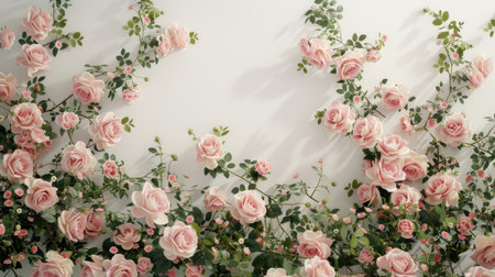 pink roses and tender green leaves flourishing against white walls, evoking feelings of love and tenderness, beautifully blending with the aesthetic styleの素材