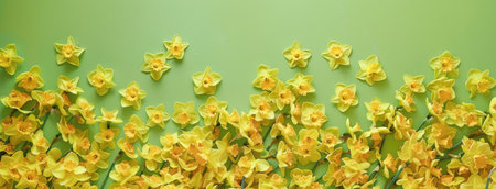 yellow daffodils, set against an electric lime green background, embodying the essence of springtime bloom and floral beauty. Ample copy space provided for messagingの素材