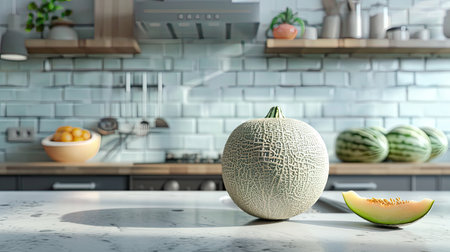 a melon close-up against a light background in a modern kitchen, showing its vibrant colors and enticing textureの素材