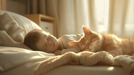 a toddler peacefully napping with a cat in a modern, light-filled room, showcasing the harmonious bond between child and pet in a cozy and relaxed environmentの素材