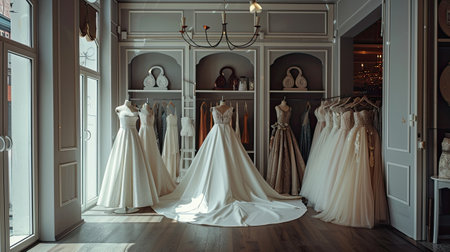 a collection of stunning wedding dresses in a well-lit bridal boutique. Highlight the diverse styles and intricate designs of the dresses, evoking a sense of elegance and sophistication in bridal fashionの素材