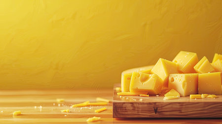 cheddar cheese slices arranged on a wooden board, with ample empty space for text, the rustic charm of the setting, inviting viewers to indulge in the savory delights of cheeseの素材