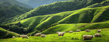 a countryside landscape adorned with rolling green hills speckled with sheep, the tranquility and pastoral charm of the scene, inviting viewers to immerse themselves in the beauty of natureの素材