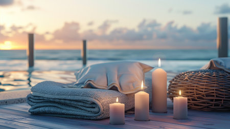 candles amidst an ocean view backdrop, accompanied by pillows, towels, and blankets, ample empty space for text to convey the tranquility of the coastal retreatの素材