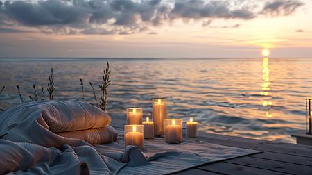 candles amidst an ocean view backdrop, accompanied by pillows, towels, and blankets, ample empty space for text to convey the tranquility of the coastal retreatの素材
